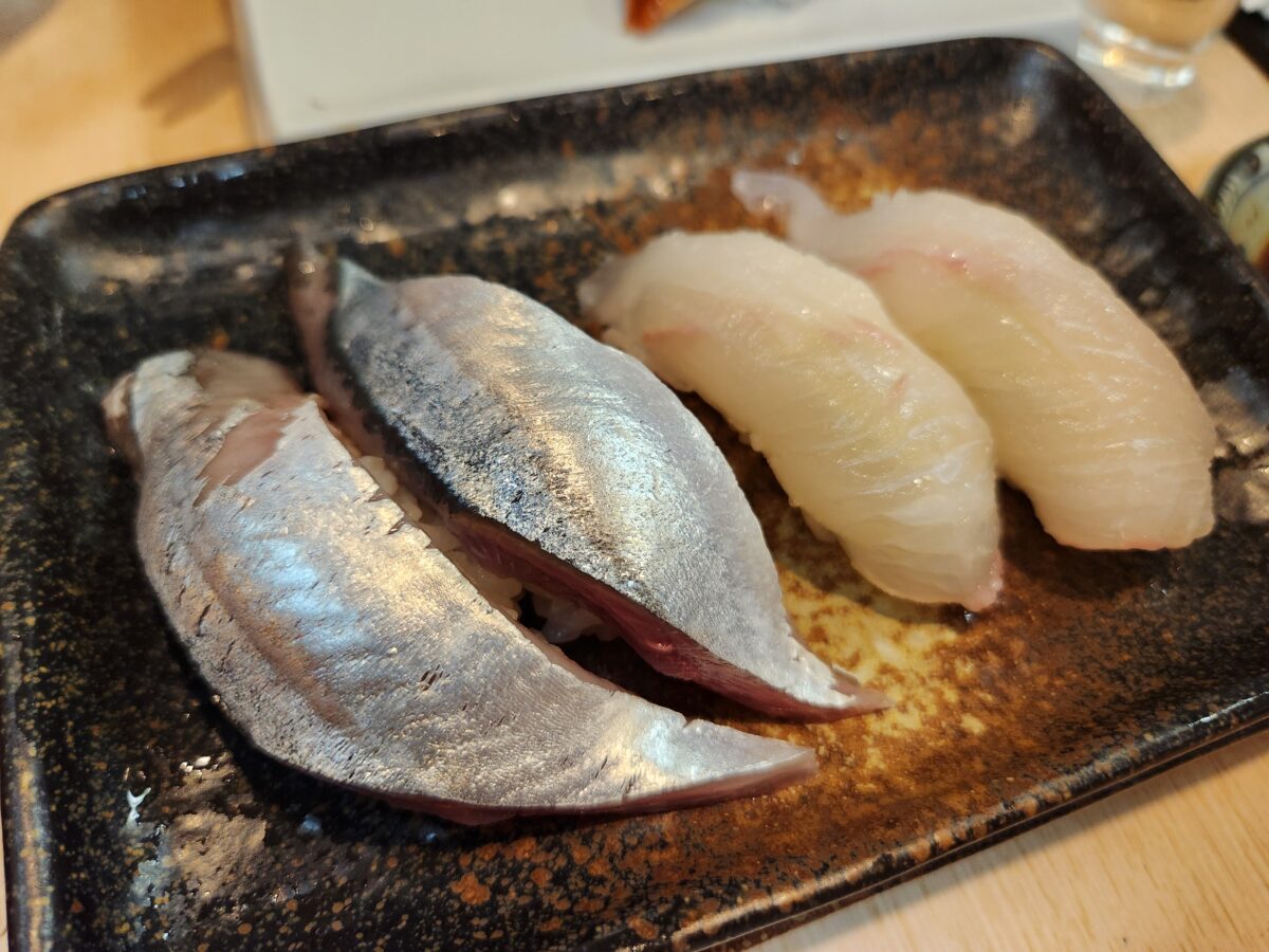 검은색 접시 위에 놓인 꽁치 초밥과 광어 초밥