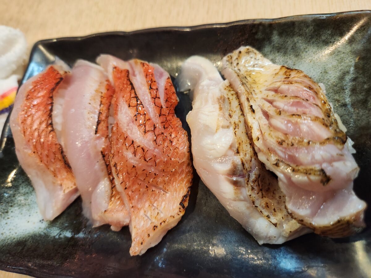 살짝 구워져서 나온 금눈돔과 눈볼대 초밥 접시