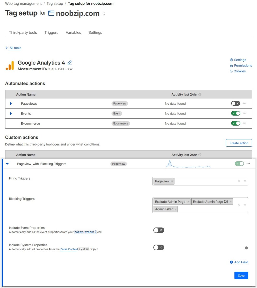 Cloudflare Zaraz GA4 도구 설정에서 생성한 관리자 제외 트리거를 블로킹 트리거(Blocking Trigger)로 등록한 화면
