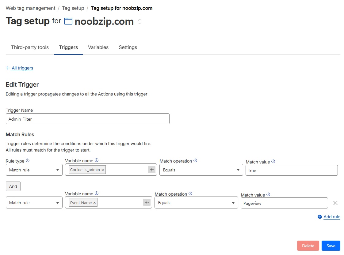 Cloudflare Zaraz에서 Cookie: is_admin 변수와 Pageview 이벤트를 결합한 트리거 설정 화면