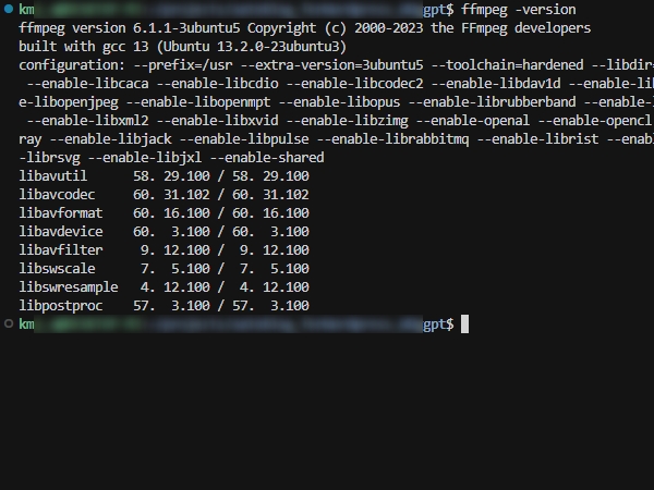 WSL 우분투 환경에서 ffmpeg 설치 및 버전 확인 명령어 실행 화면.