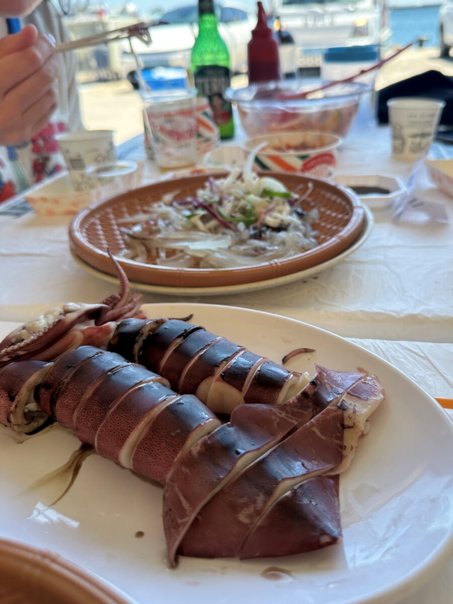 접시에 담긴 윤기 흐르는 오징어 통찜 요리.