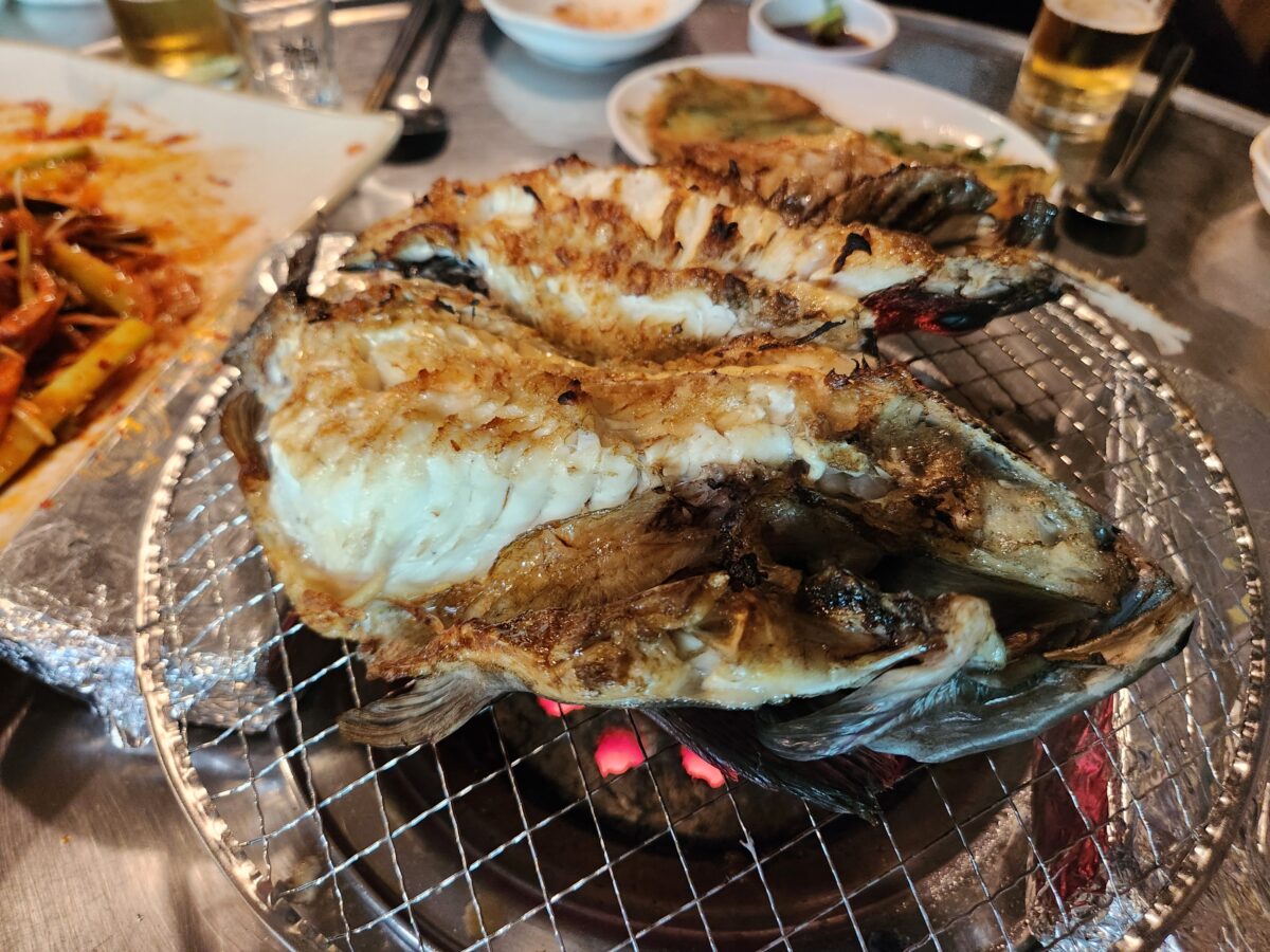 숯불 위에서 맛있게 다 구워진 우럭구이.